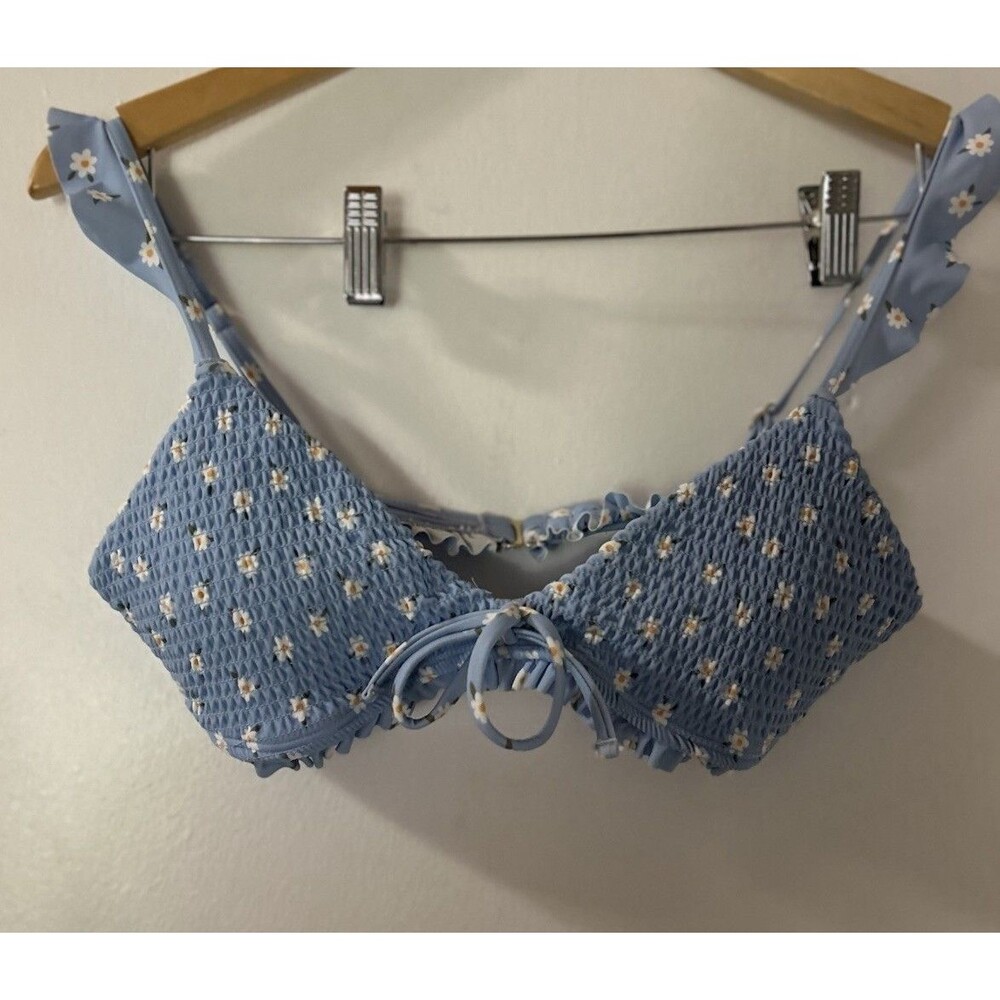 Hollister Swim blue /Daisy Print Smocked Tie swim top Sz Small lightly lined